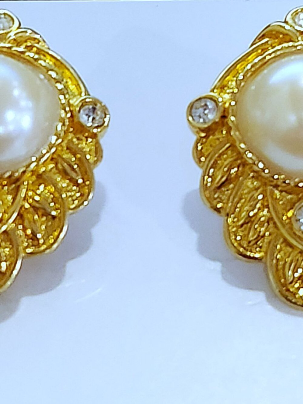 Vintage KJL For Avon Faux Pearl Rhinestone Gold Stud Earrings